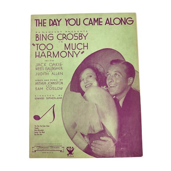 The Day You Came Along Sheet Music 1933 Too Much Harmony Bing Crosby - Picture 1 of 5